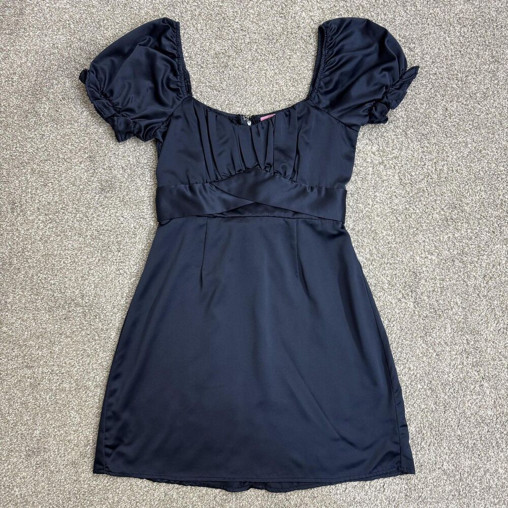 Francesca's Dress Womens Small Blue Satin Puff Sleeve Mini Grunge Punk Alt Indie